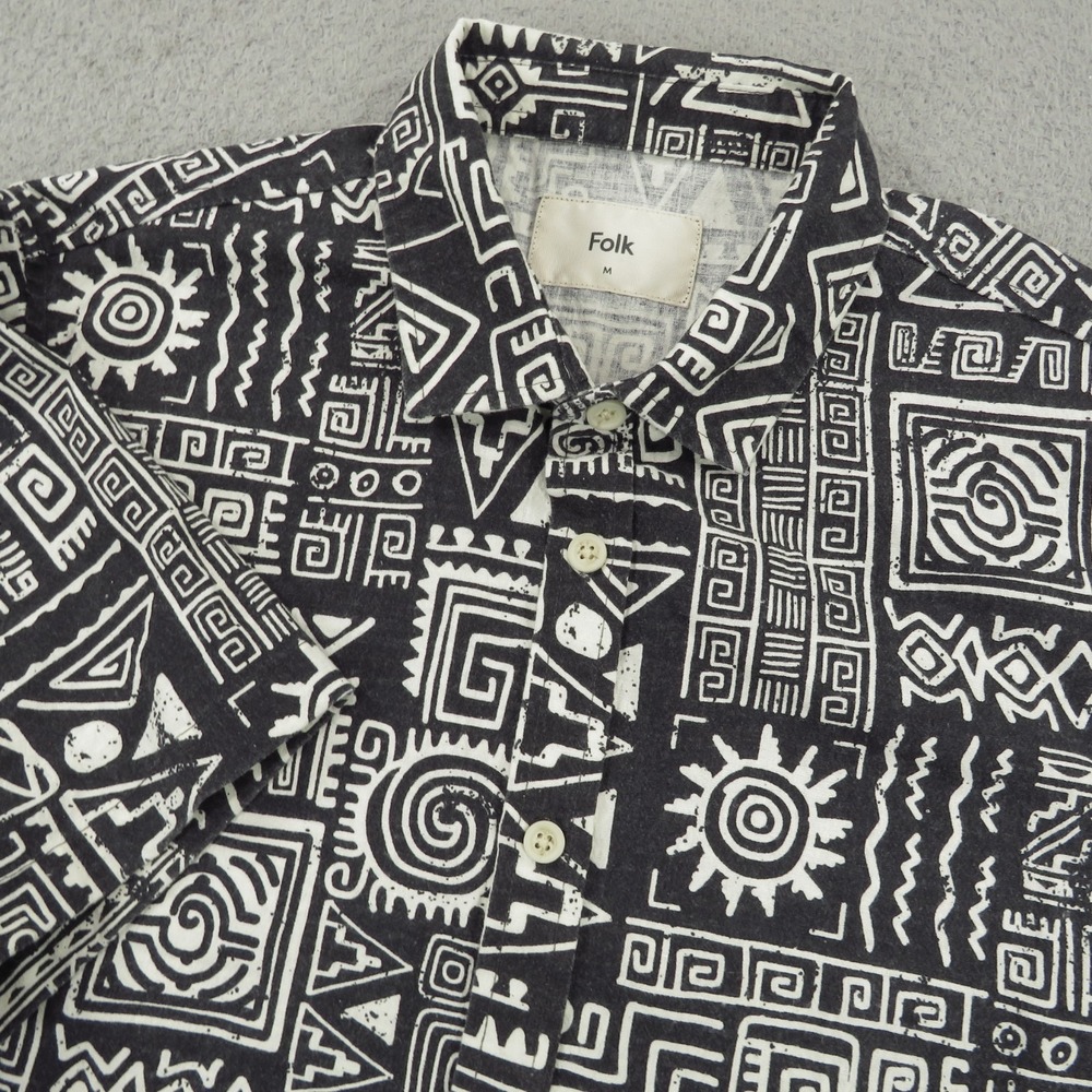 Folk Mens Medium Black White Linen Blend Inca Aztec Tribal Button Up Shirt